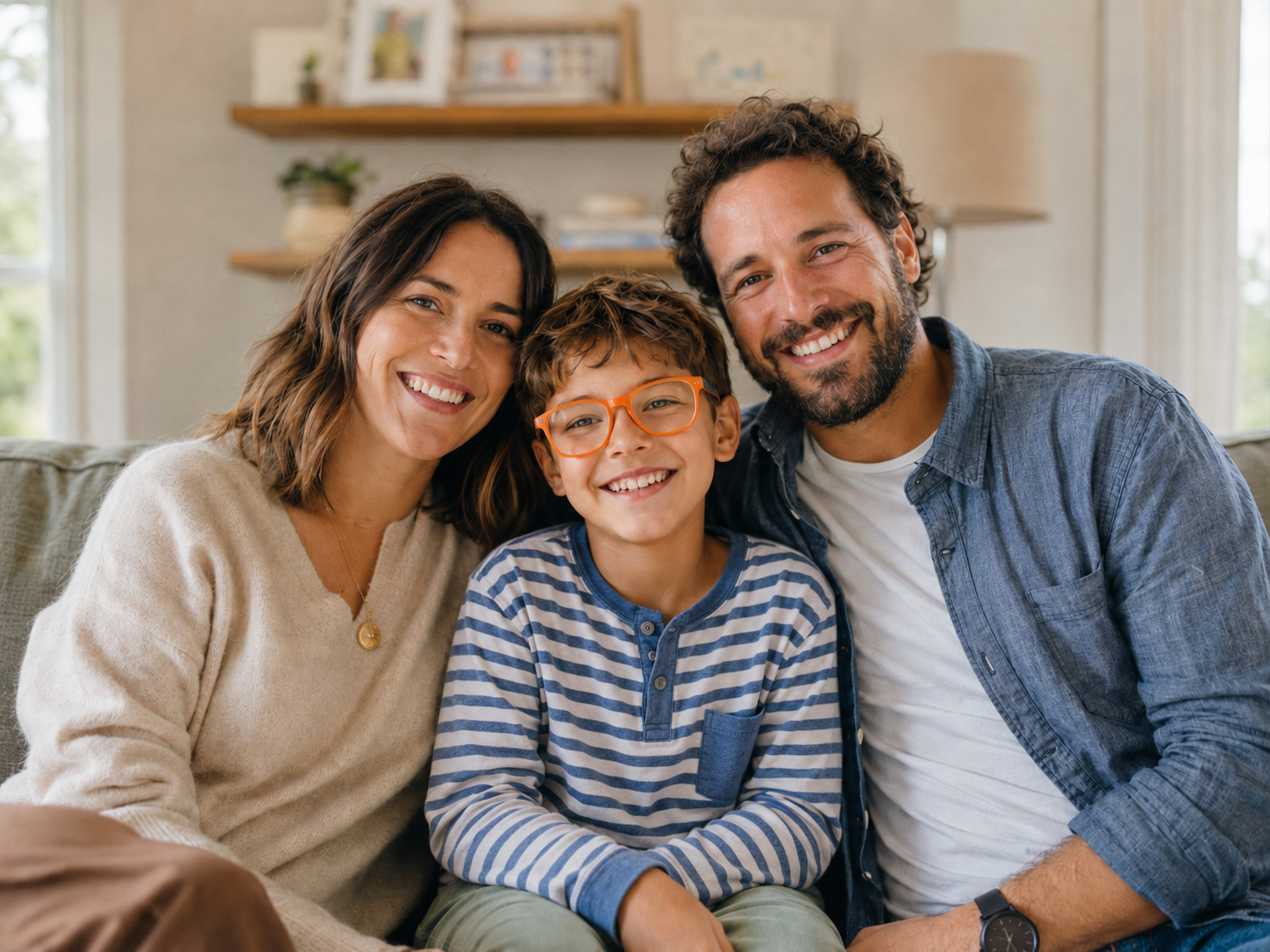A family reading a picture book together on the couch